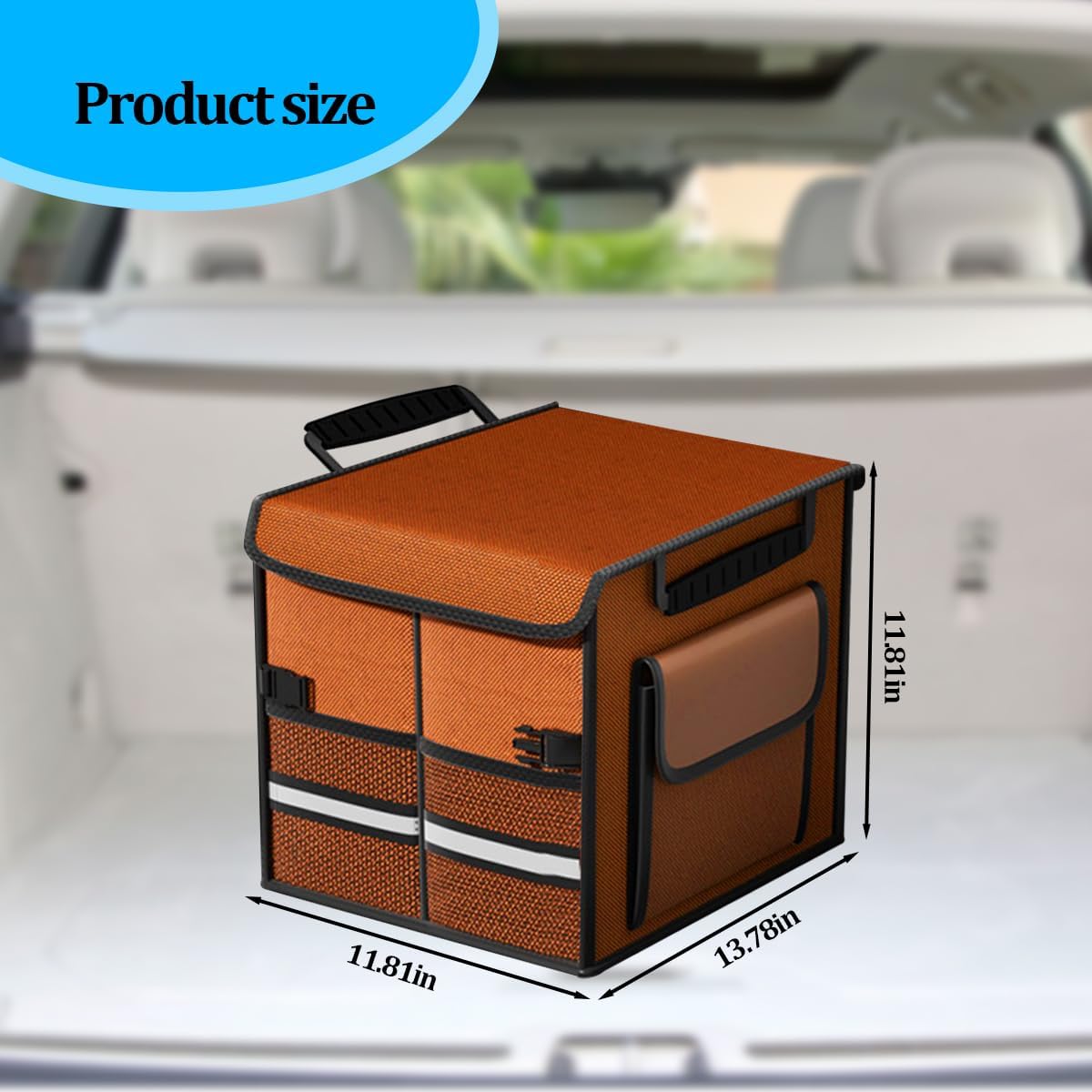 HZEL Car Trunk Organizer with Lid, Foldable Slip Resistant Multi-Compartment Vehicle Cargo Storage Box, Collapsible Waterproof Automotive Trunk Organizer, Universal for SUV Van Truck (Orange)