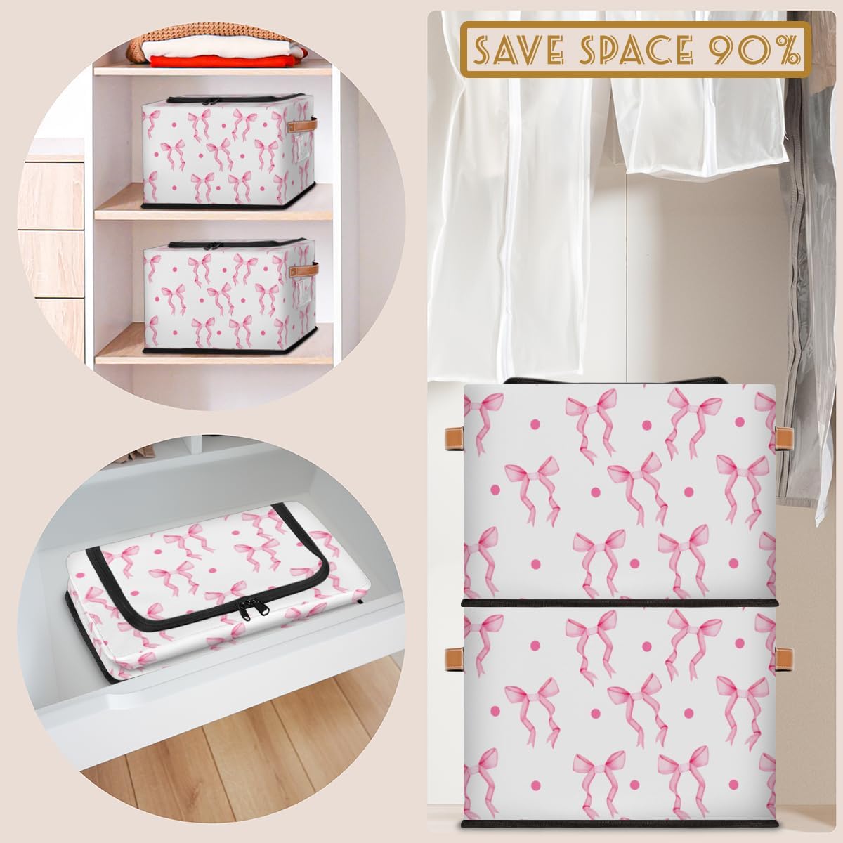Storage Bins With Zipper Lid, Collapsible Trunk Organizer, Car Organizers and Storage Bins with Lids, Decorative Storage Boxes with Handle, Home Storage Baskets for Organizing (Pink Bow Ribbon)