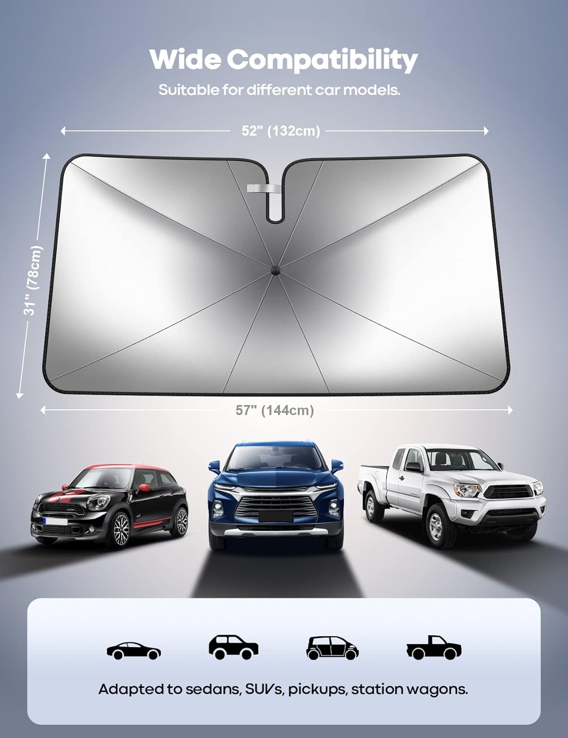 Lamicall Car Windshield Sunshade Umbrella - Foldable Car Windshield Sun Shade Cover, 5 Layers UV Block Coating, 52"x31" Front Window Heat Insulation Protection, for Auto Sedan, SUV Windshield
