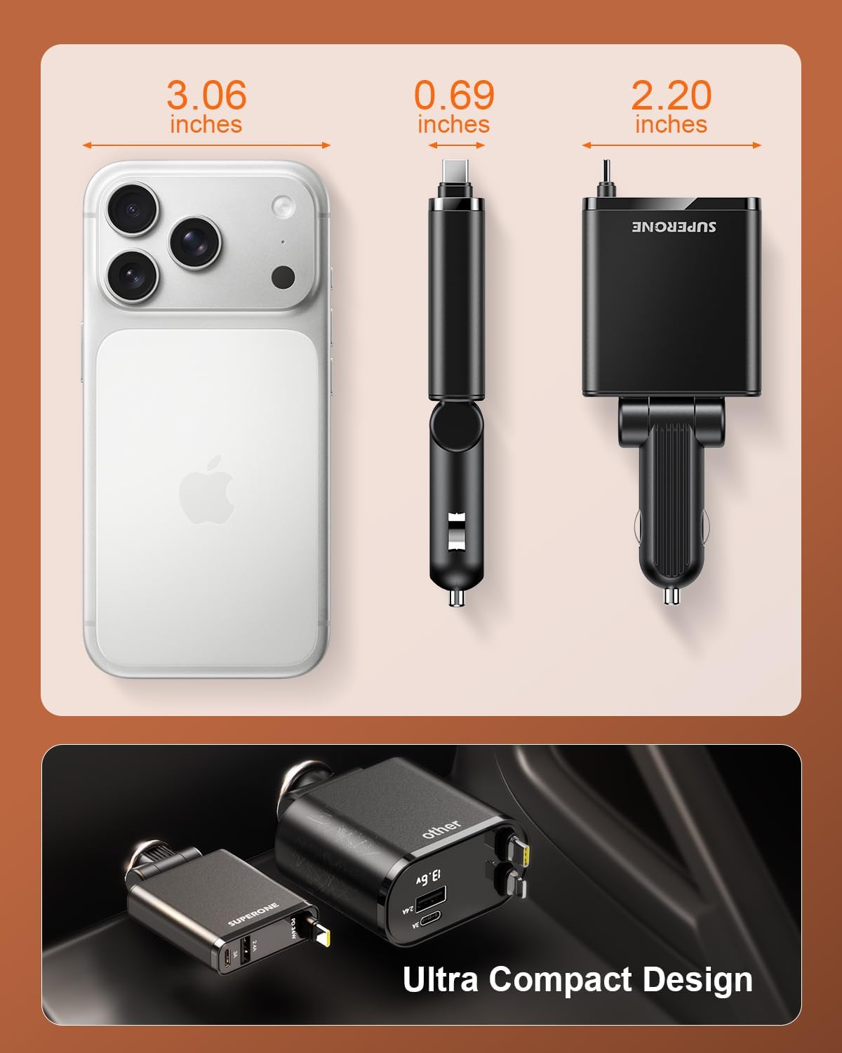 SUPERONE Car Charger USB C Fast Charge, Ultra-Slim Retractable Car Charger