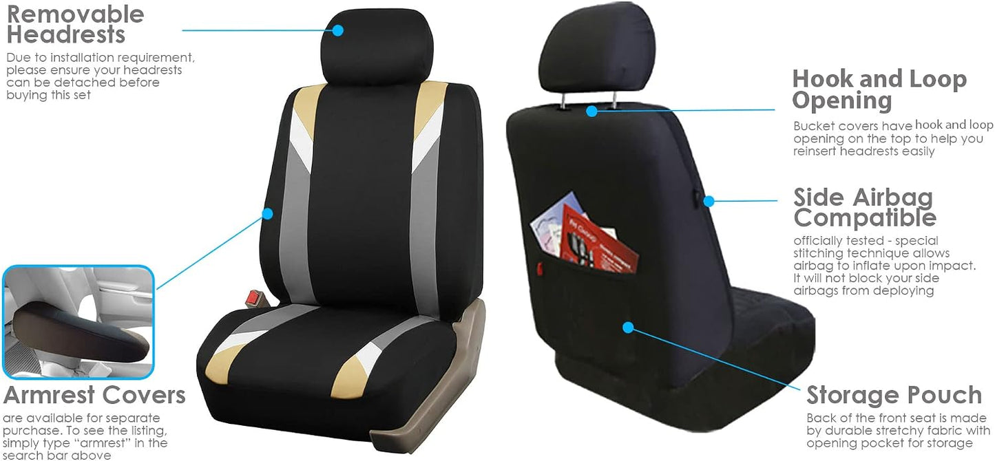 FH Group Front Set Cloth Car Seat Covers for Low Back Car Seats with Removable Headrest, Universal Fit, Airbag Compatible Seat Cover for SUV, Sedan, Van, Beige