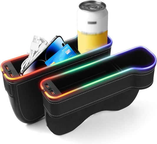 Shademax RGB Color Changing LED Car Seat Gap Filler Organizer Console Side Seat Gap Storage Box with Cup Holders and USB Chargers for Car Interior Accessories (2 Pack)