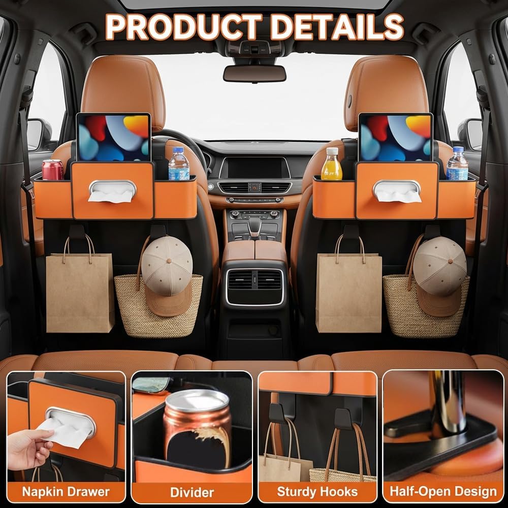 3-in-1 Backseat Car Organizer with Dual Cup Holders,Tissue Box & Phone Holder, 2026 Upgraded Car Seat Back Storage Box,Multifunctional Waterproof Storage for Daily Driving & Travel,Brown