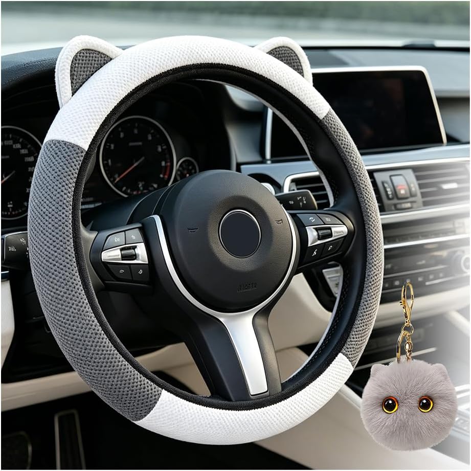 Leopard Fluffy Car Steering Wheel Cover with Keychain 14-15 inch Gray White