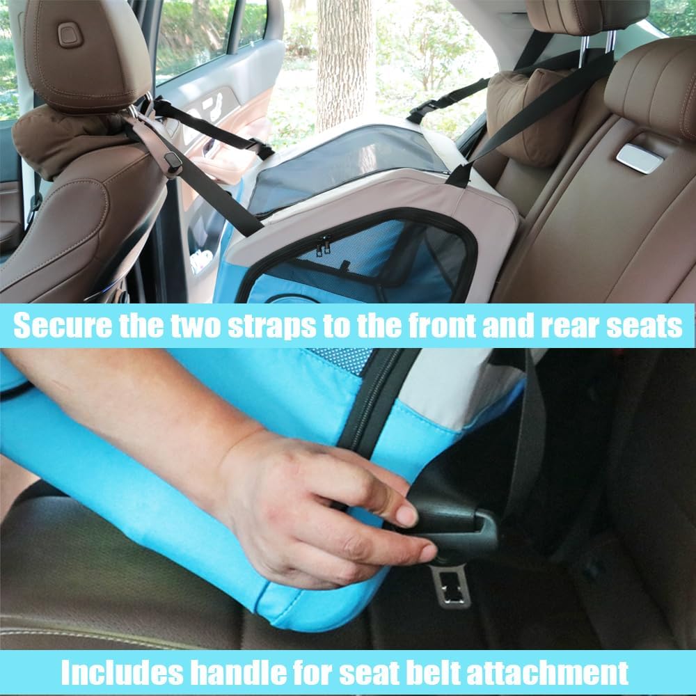 Small Portable Pet Crate for Car Travel, 19"x19"x17" Foldable Dog & Cat Carrier with Secures Seatbelt & Headrest Strap, Oxford Soft-Sided Pet Kennel with Bed for Pets