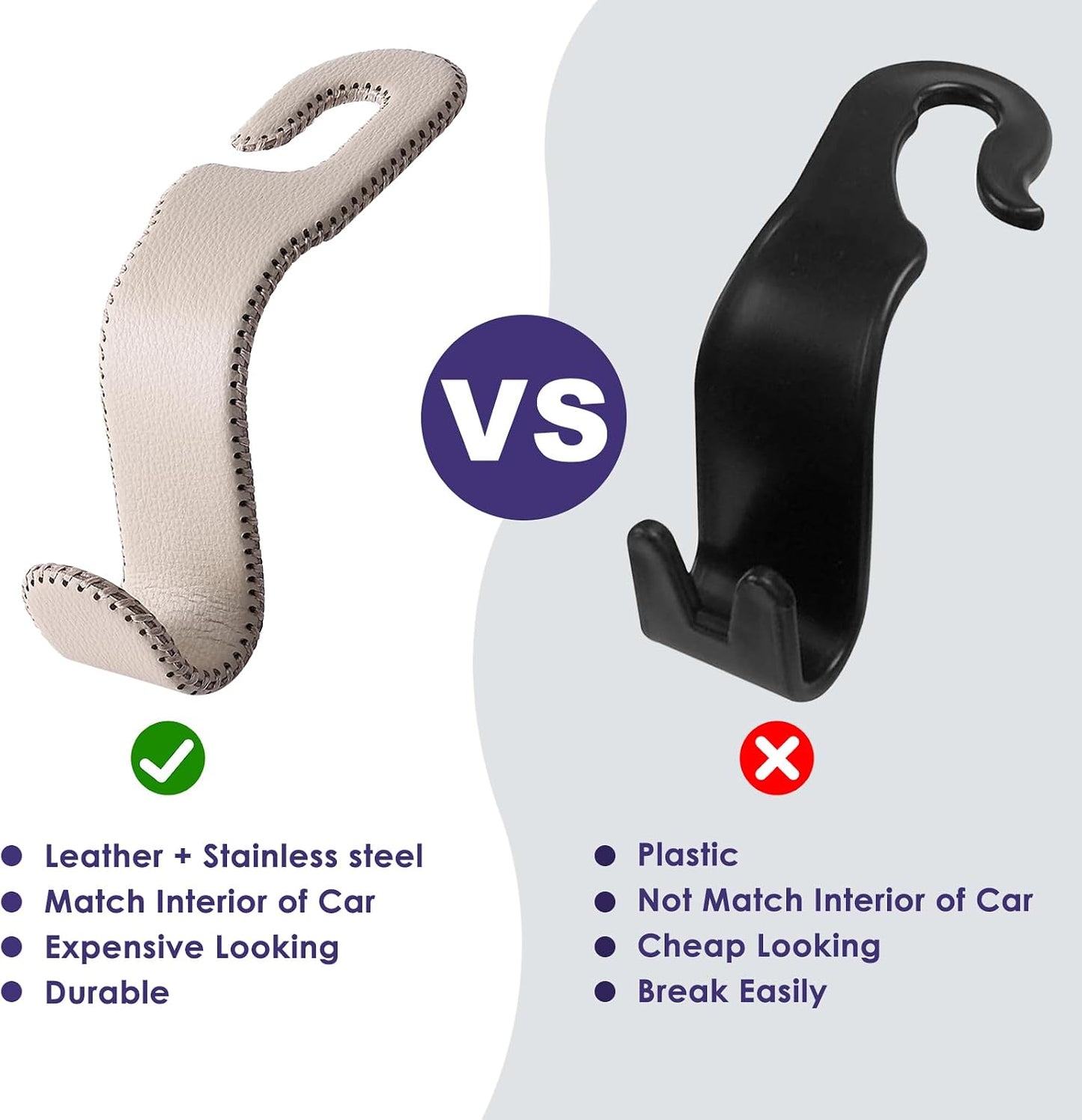 AMVOYOA Leather Car Hooks for Headrest - Fully Leather-Wrapped U-Shaped Purse Holder for Car, Flexible Seat Back Organizer & Durable Car Accessories for Purses, Bags, Coats & More (Beige, 2 Pack)