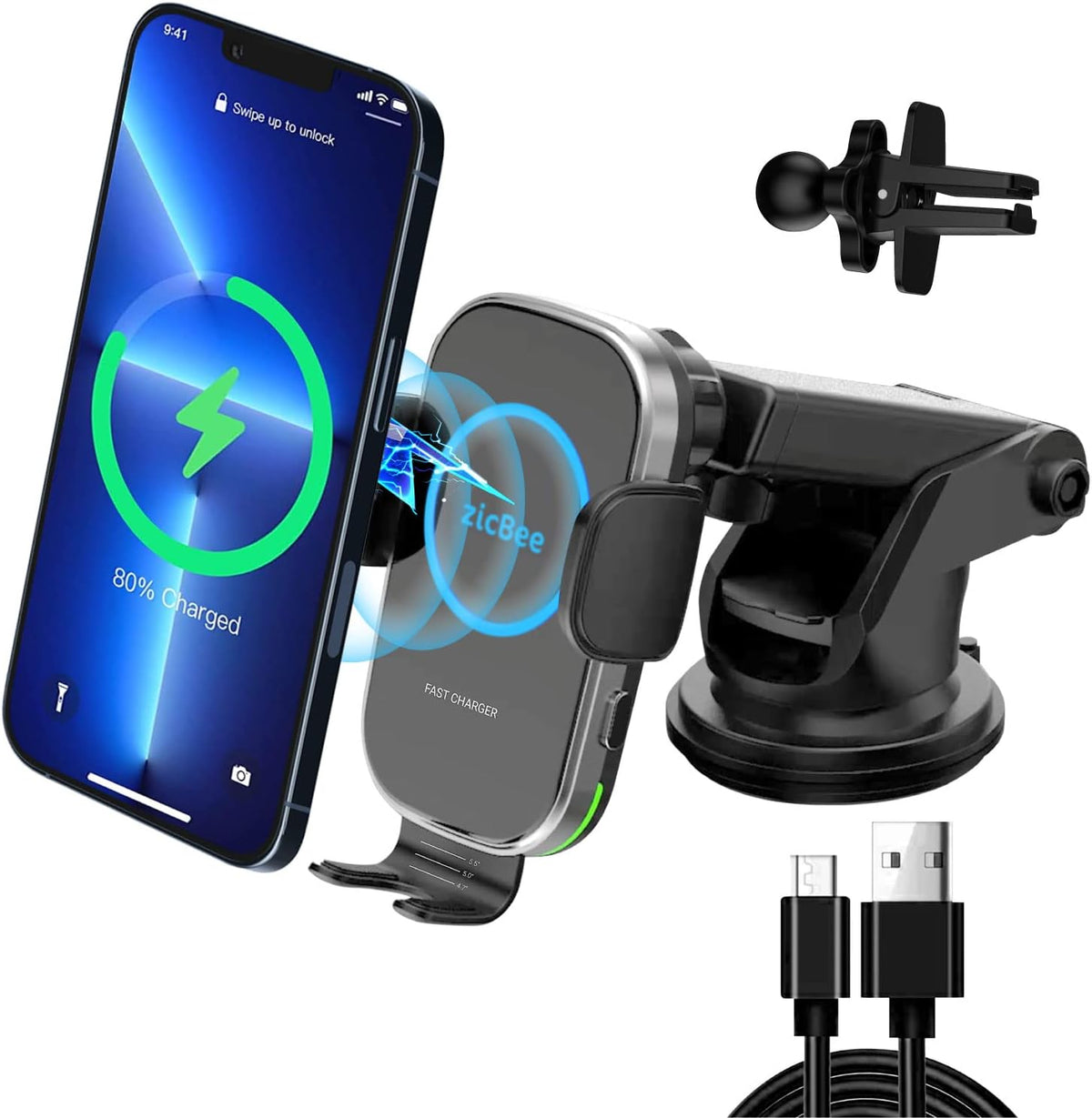 [Upgraded Version] ZicBee Wireless Car Charger,15W Fast Charging Auto-Clamping Car Mount, Dash, Air Vent Charging Car Phone Holder for iPhone 15 14 13 12 11, Samsung Galaxy S23 S22, etc. (Black)