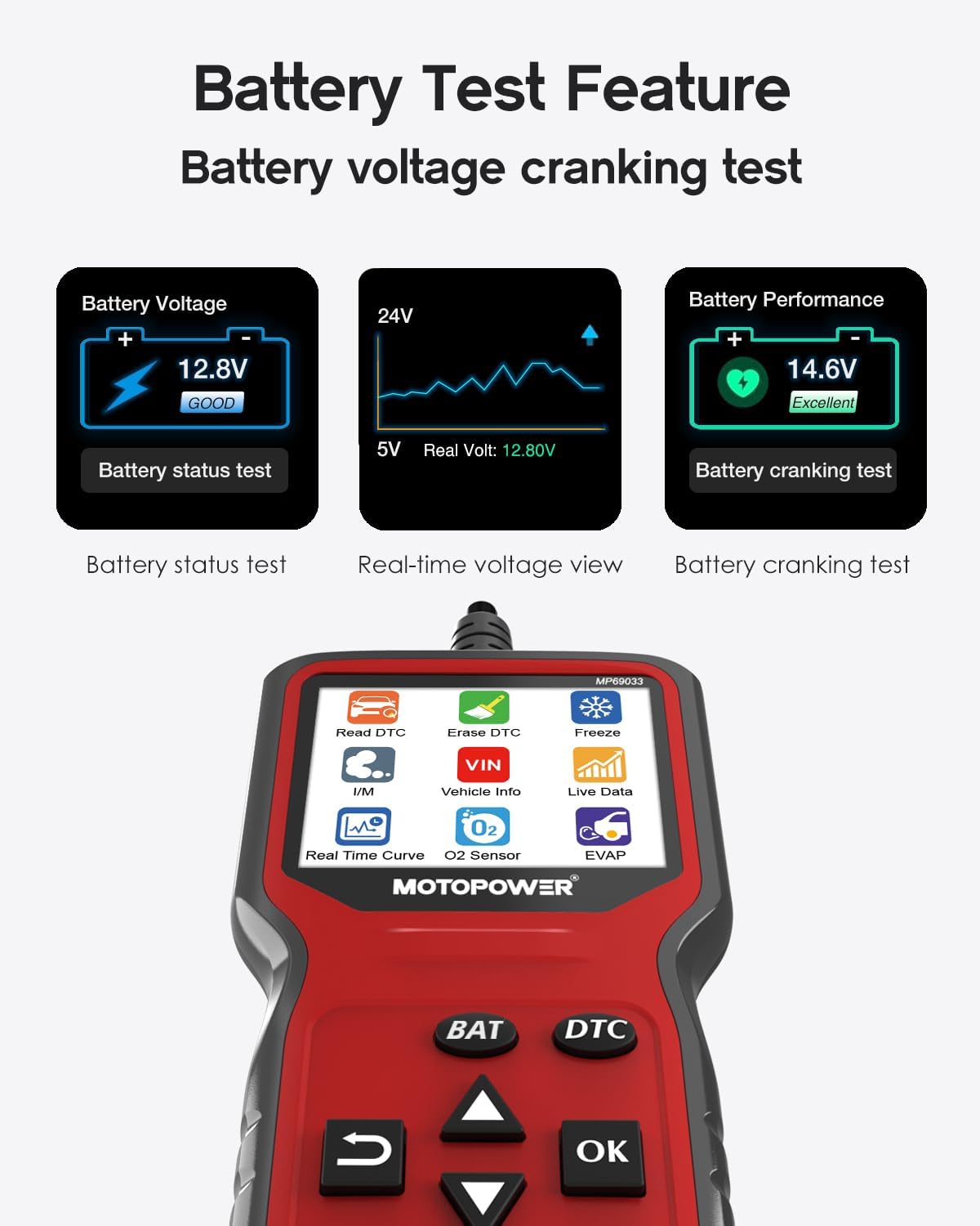 MOTOPOWER MP69033 Pro OBD2 Scanner Code Reader Check Engine Fault Light Diagnostic Scan Tool with Battery Tester