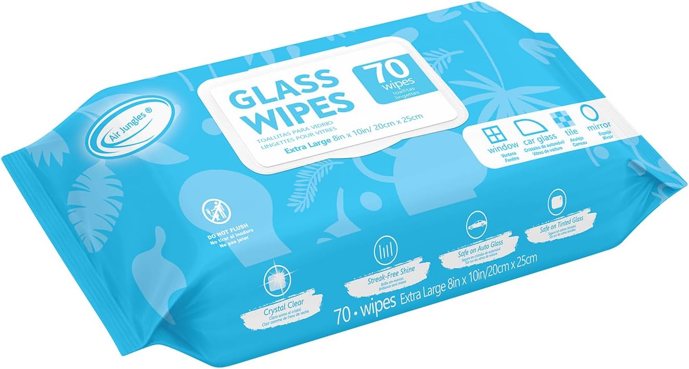 Air Jungles Bundle: Glass & Window Cleaner Wipes (70 Count) + 3-in-1 Leather Cleaner Wipes (70 Count), Extra Large 8" x 10"
