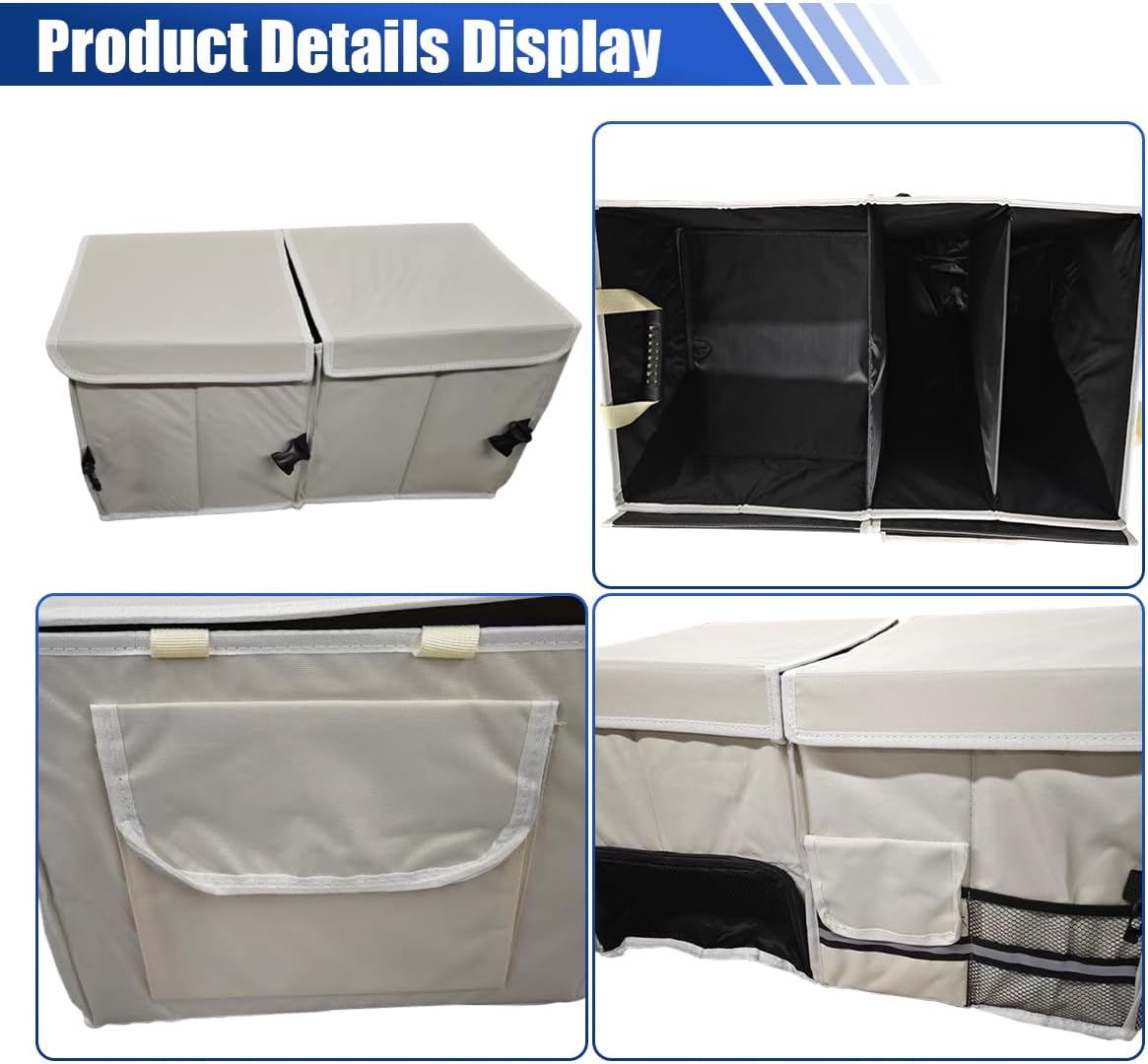 Car Trunk Organizer, Collapsible Multi Compartment Car Storage Box with Lid & Reinforced Handles, Adjustable Waterproof Storage Organizer Accessories for SUVs Cars Trucks (Beige)