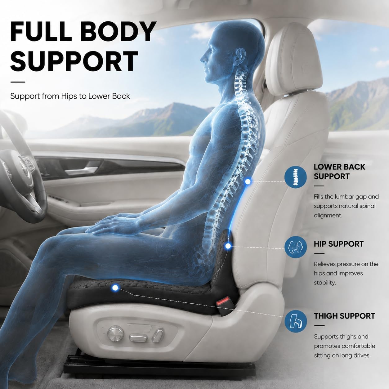 Car Seat Cushion with Integrated Lumbar Support, Memory Foam Pain Relief | Gap-Filling Design, Breathable Mesh Cover, Elevated Seating, Ergonomic Support for Driving Comfort and Long Trips