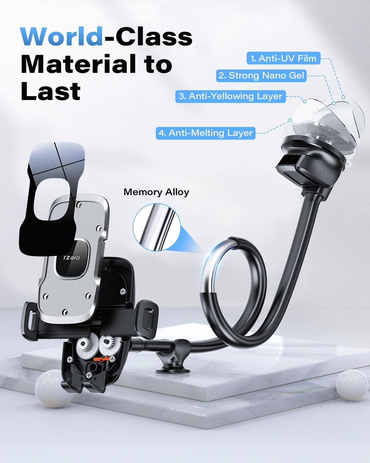 1Zero Solid Car Truck Phone Mount Holder with 14-Inch Gooseneck Long Arm
