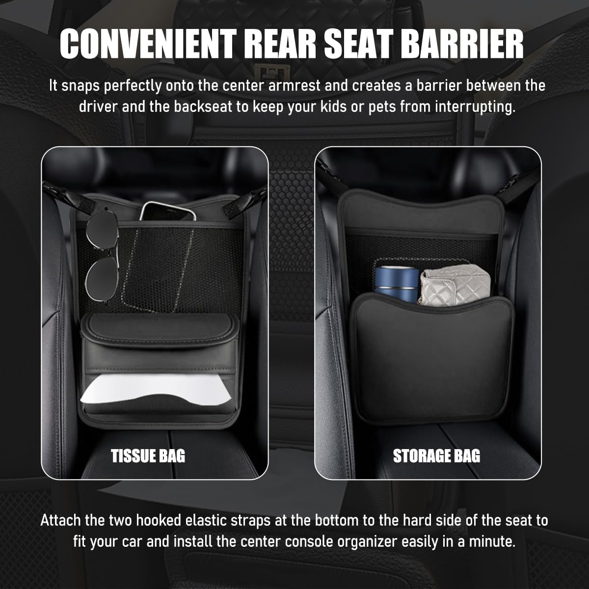 Car Organizer Storage Between Seats, Nappa Leather Front Seat Storage Bag with Tissue Holder, Automotive Console Hanging Net Pocket Handbag Holder for Phone Document (Black)