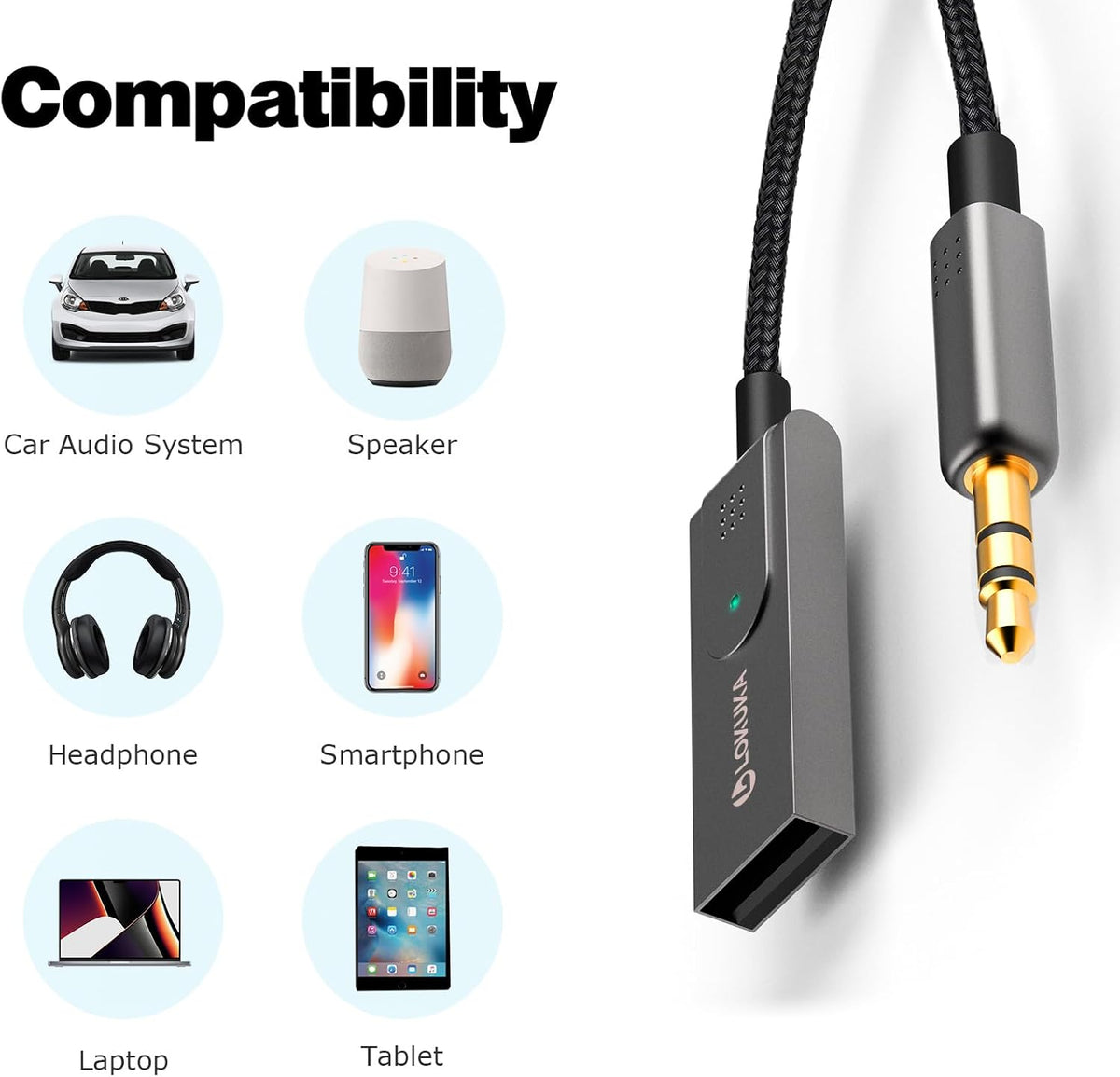 Bluetooth 6.0 Aux Adapter for Car Speaker, 3.5mm Bluetooth Receiver