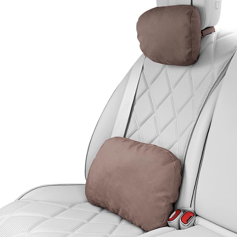 Car Neck & Lumbar Support Pillow Kit - 2PC Ergonomic Set, 100% SUGENRO Sorona Bio-Fiber, Plush Comfort for Driving Fatigue Relief, Breathable Headrest & Back Cushion (Coffee Brown)