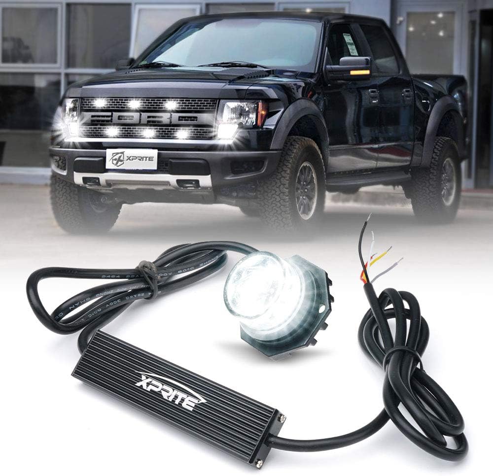 Xprite White LED Hideaway Strobe Lights Kit with 14 Flash Patterns, Surface Mount Headlight Taillight Grill Flashing Light for Construction Towing Snow Plow Pickup Work Trucks Cars - 4PCS