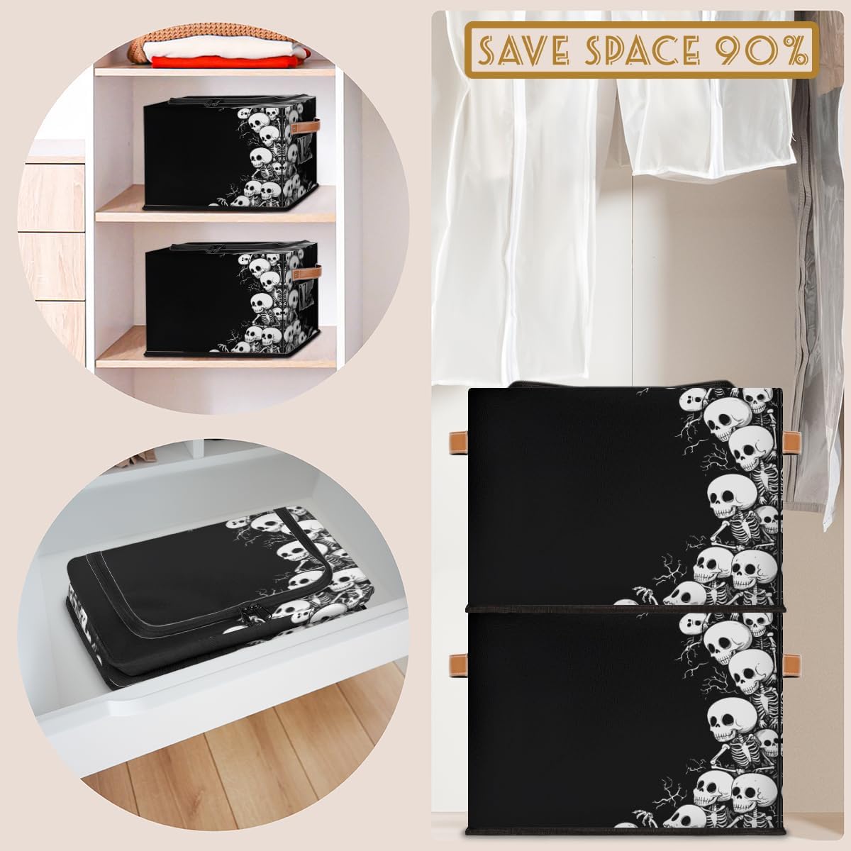 Skeleton Storage Bins With Zipper Lid, Collapsible Trunk Organizer, Car Organizers and Storage Bins with Lids, Halloween Decorative Storage Boxes with Handle, Home Storage Baskets for Organizing