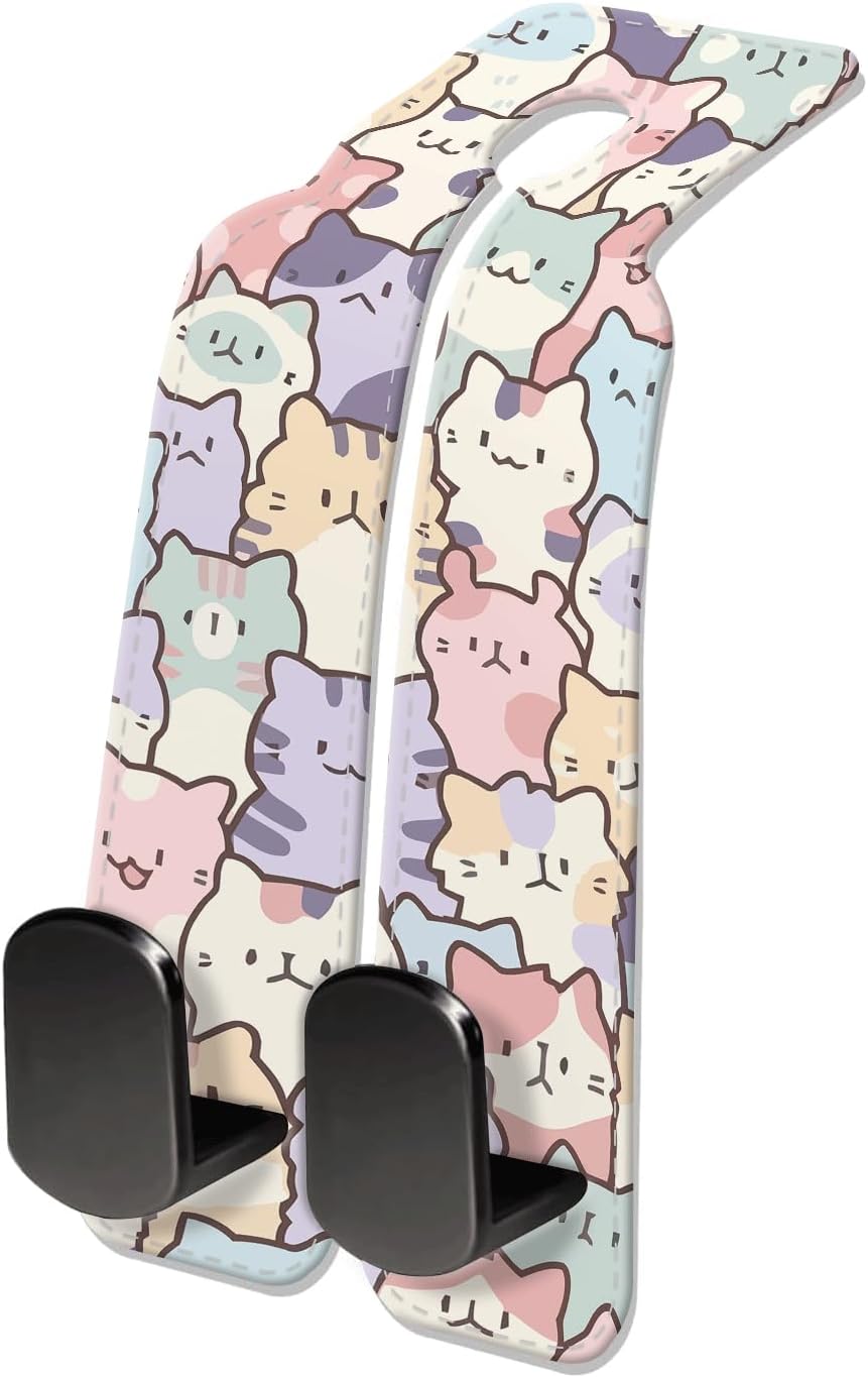 Car Seat Headrest Hook, Universal Leather Cute Hanger Holder Hook, Storage Organizer Interior Accessories for Purse Bags Handbag Cute Colorful Cats