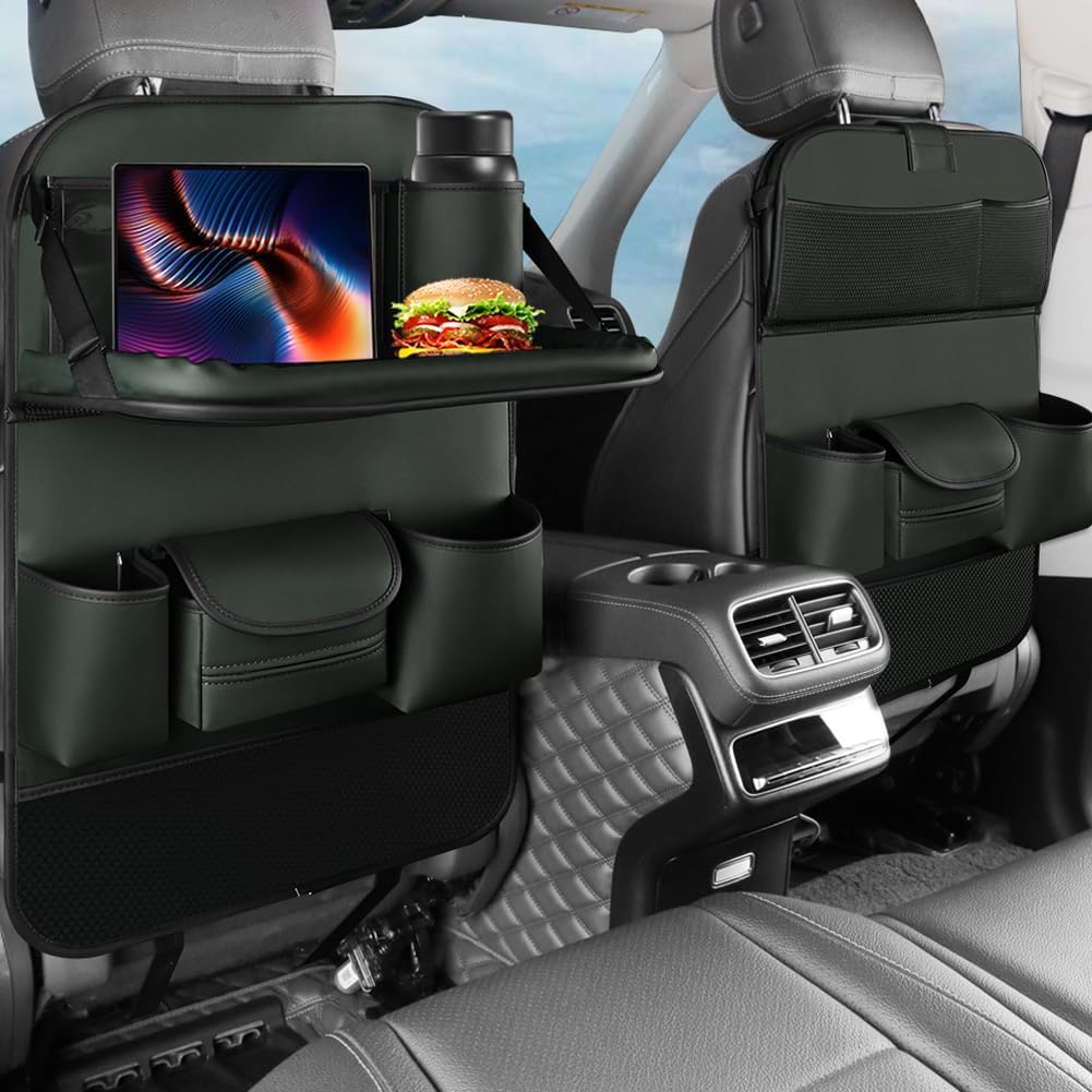 2PCS Car Backseat Organizer Seat Back Protectors Kick Mats with Foldable Table Tray, PU Leather Car Storage Organizer with Tablet Holder, Car Tissue Holder Kids Toys Storage Travel Accessories (Green)