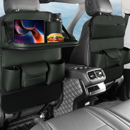 2PCS Car Backseat Organizer Seat Back Protectors Kick Mats with Foldable Table Tray, PU Leather Car Storage Organizer with Tablet Holder, Car Tissue Holder Kids Toys Storage Travel Accessories (Green)