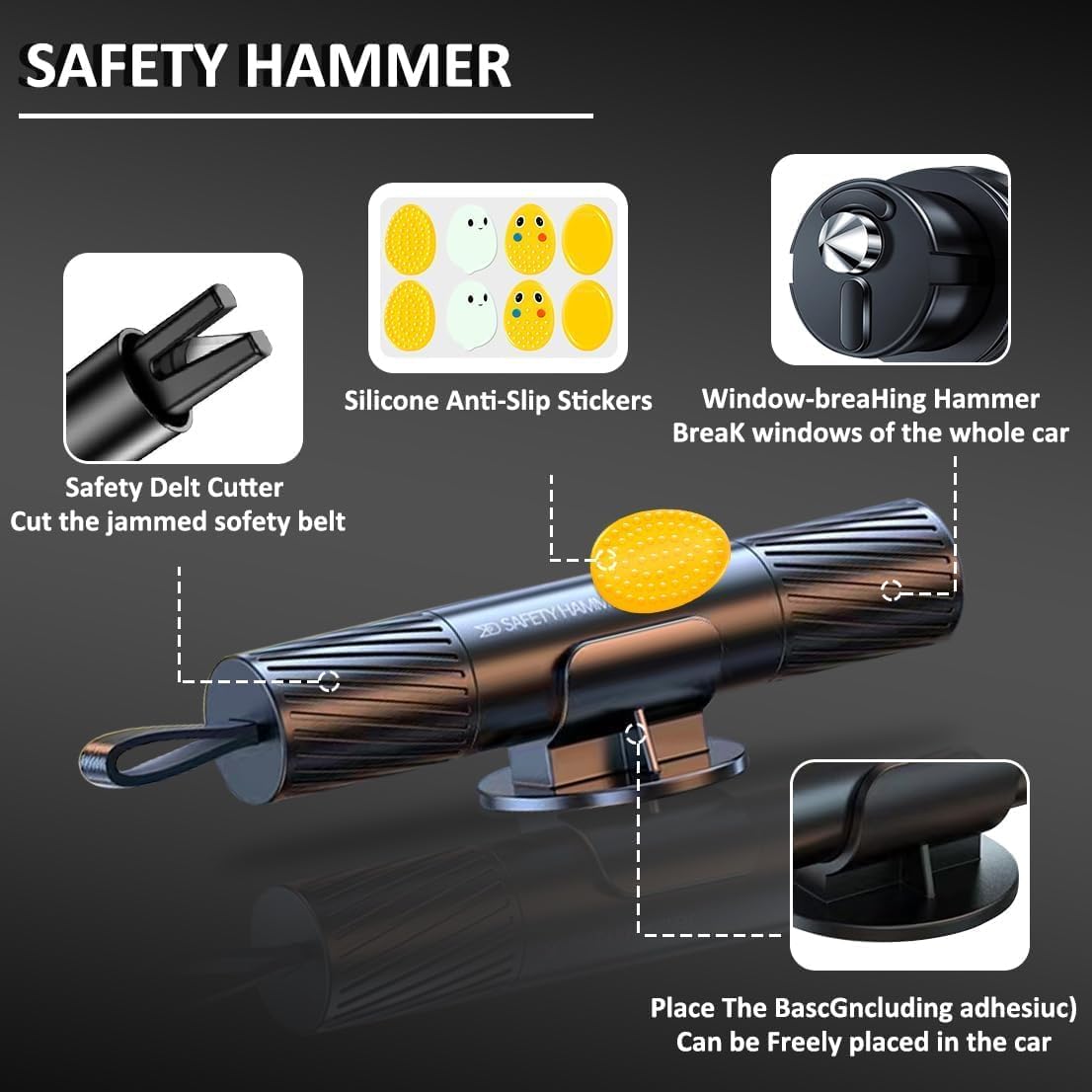 smosun Safehammer - 2026 Upgraded Safe Hammer Glass Breaker Under Water, Car Hammer Seatbelt Cutter Window Breaker Emergency Escape Tool,Free Antiskid, Safehammer Glass Breaker for New Cars (2PCS)