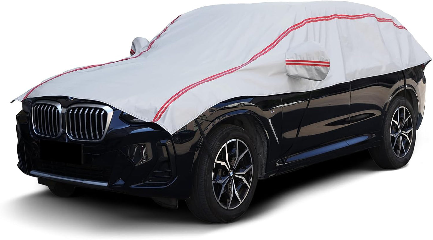 Half Car Cover Sedan,Top Cover with Red Reflective Strip, Hail Protector Car Cover with Cotton Liner, Sunroof & Windshield Cover for Ice and Snow, All Weather Car Body Cover for Sun, Rain, Dust