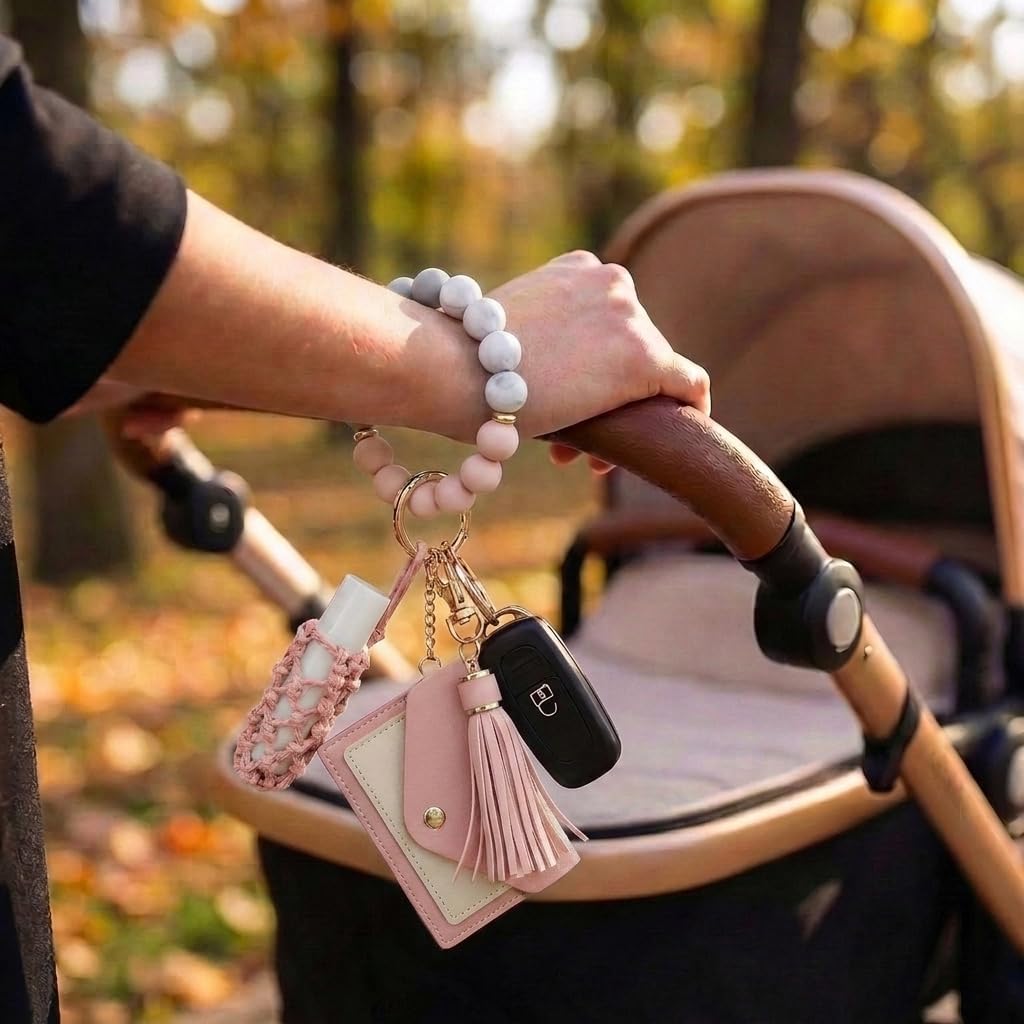 BIHRTC Silicone Key Ring Bracelets Wristlet Keychain Wallet with Net Chapstick Holder for Women