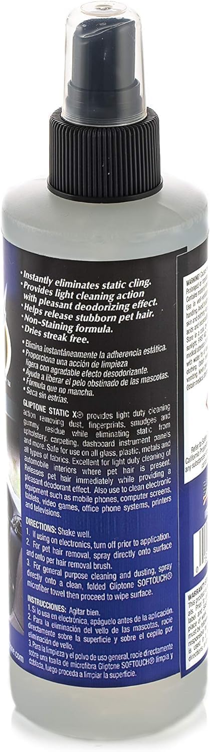 Gliptone Static X Static Eliminator, Removes Dust, Fingerprints, Pet Hair, Lint, Safe for Use on Glass, Plastics, Metal and All Types of Fabrics, Computer Monitors, Mobile Devices (8 Fl Oz)