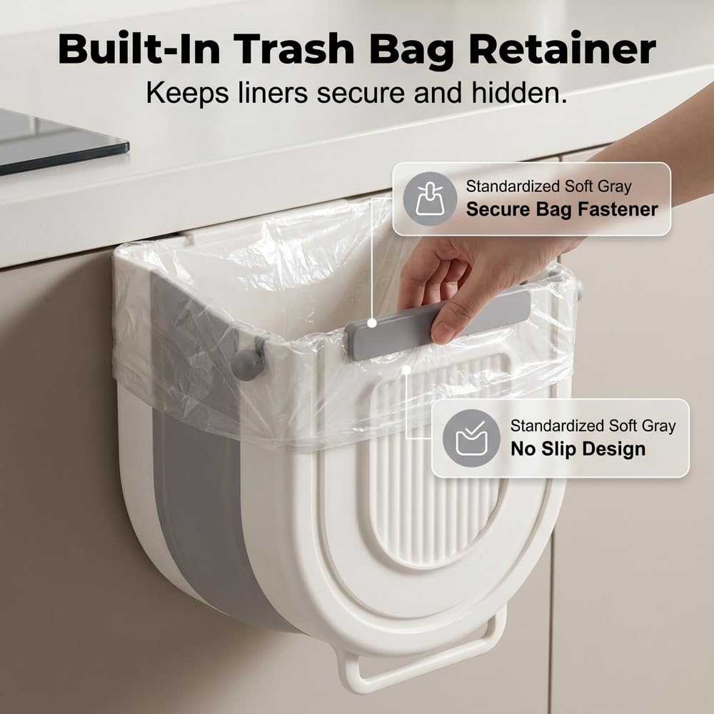 Multipurpose Hanging Collapsible Trash Can，Gray：8.5*8.7*4.9in-1.84Gal