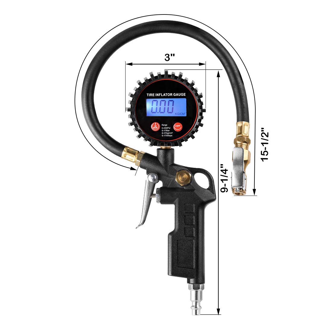 CZC AUTO Digital Tire Inflator Pressure Gauge, LED Display-250PSI, 4 Ranges