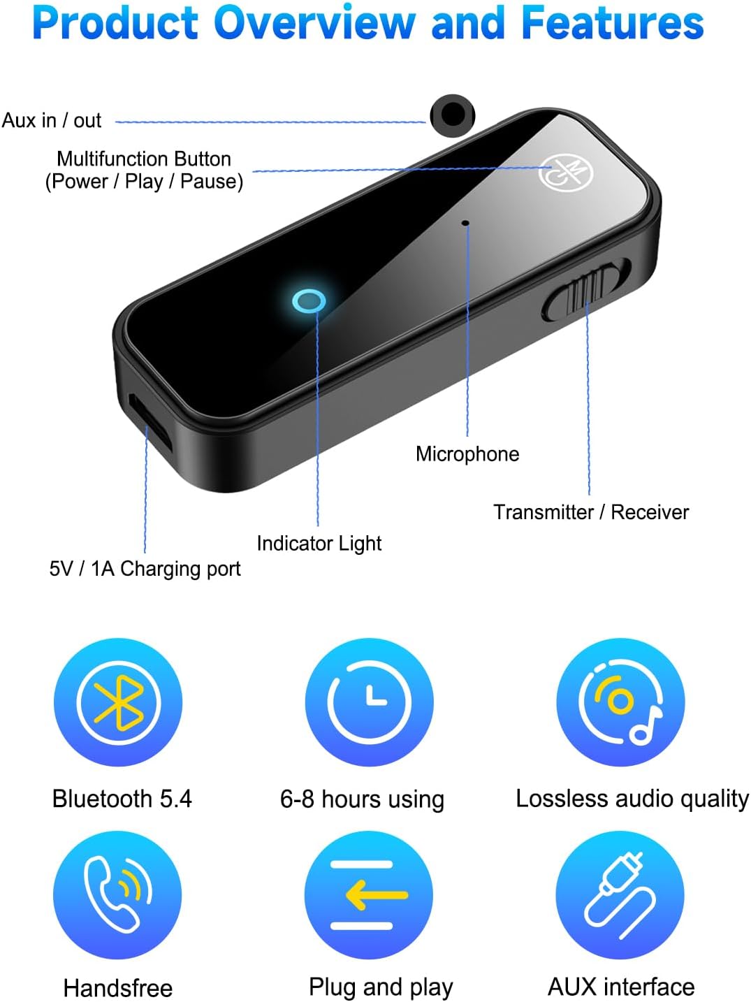 AUX Bluetooth 5.4 Adapter for Car, 2 in 1 Wireless Bluetooth Transmitter and Receiver, 3.5mm 3.5 Jack RCA Wireless Audio Adapter Dongle for PC, TV, Headphone, Car, Home Audio Speaker, with Microphone