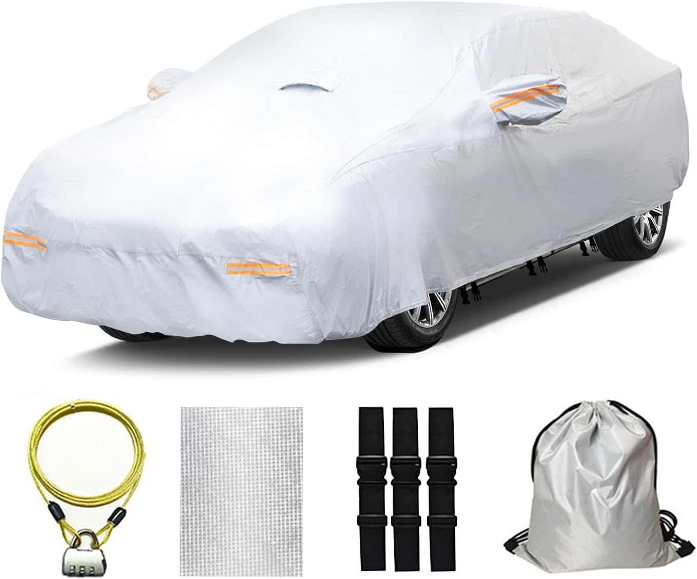 30 Layers Heavy Duty Car Cover for Automobiles All Weather Waterproof, Outdoor Snowproof UV Protection Windproof, Door Zipper, Soft Cotton Universal Car Covers (Silver, Fit Sedans 181"-190")