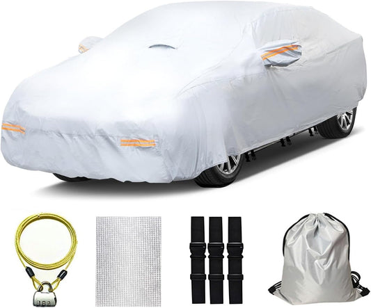 30 Layers Heavy Duty Car Cover for Automobiles All Weather Waterproof, Outdoor Snowproof UV Protection Windproof, Door Zipper, Soft Cotton Universal Car Covers (Silver, Fit Sedans 181"-190")