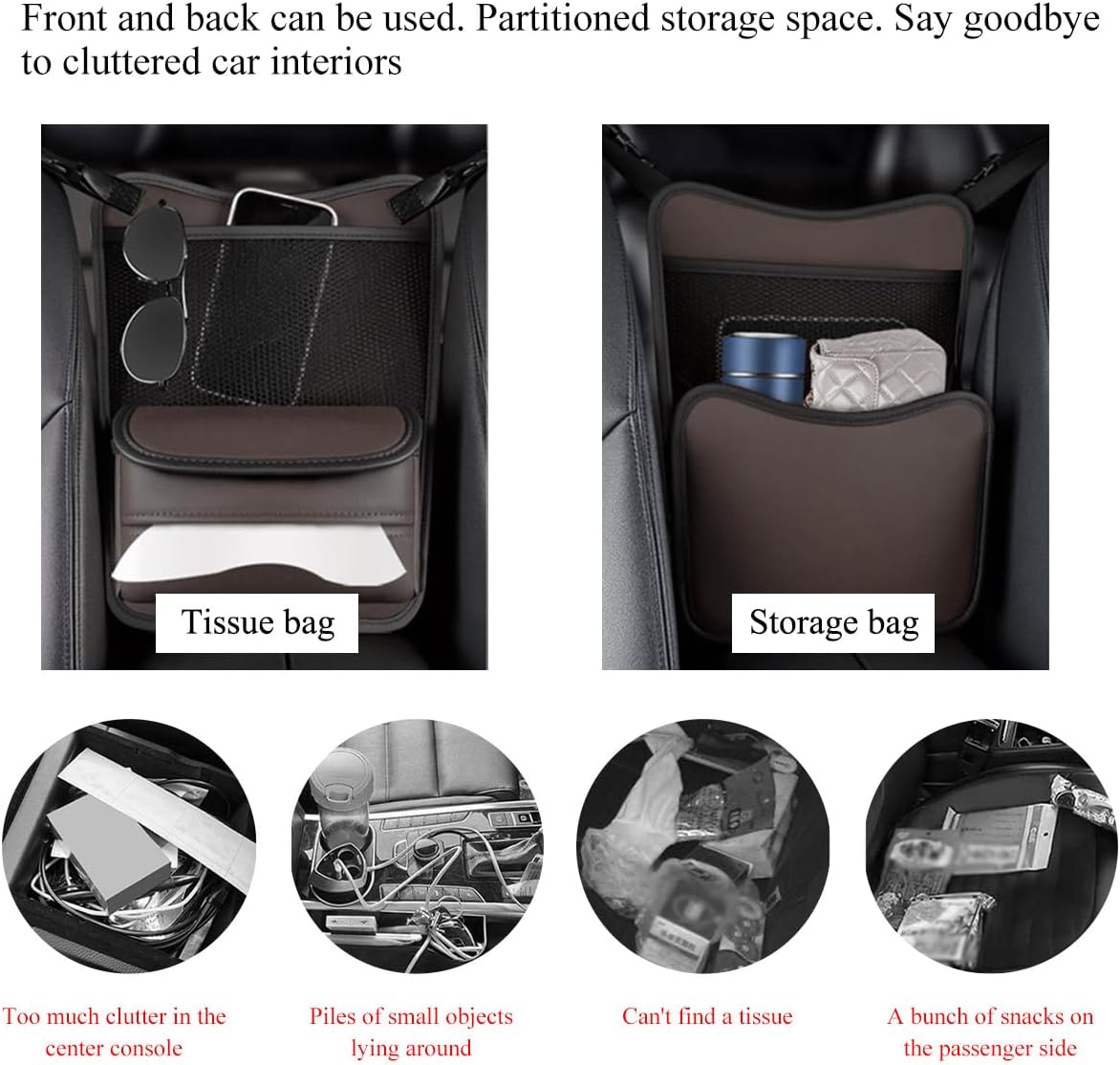 DXNQ Car Organizer Storage Between Seats, Leather Large Capacity Automobile Handbag Hanging Store Content Bag, Auto Console Organizer Holder for Snack Phone Document Storages, Car Accessories (Brown)