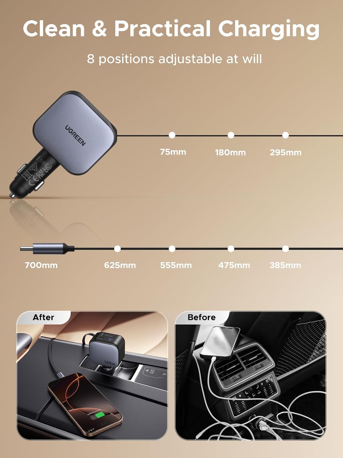 UGREEN 145W 4-Port Retractable Car Charger with 60W Retractable Cable