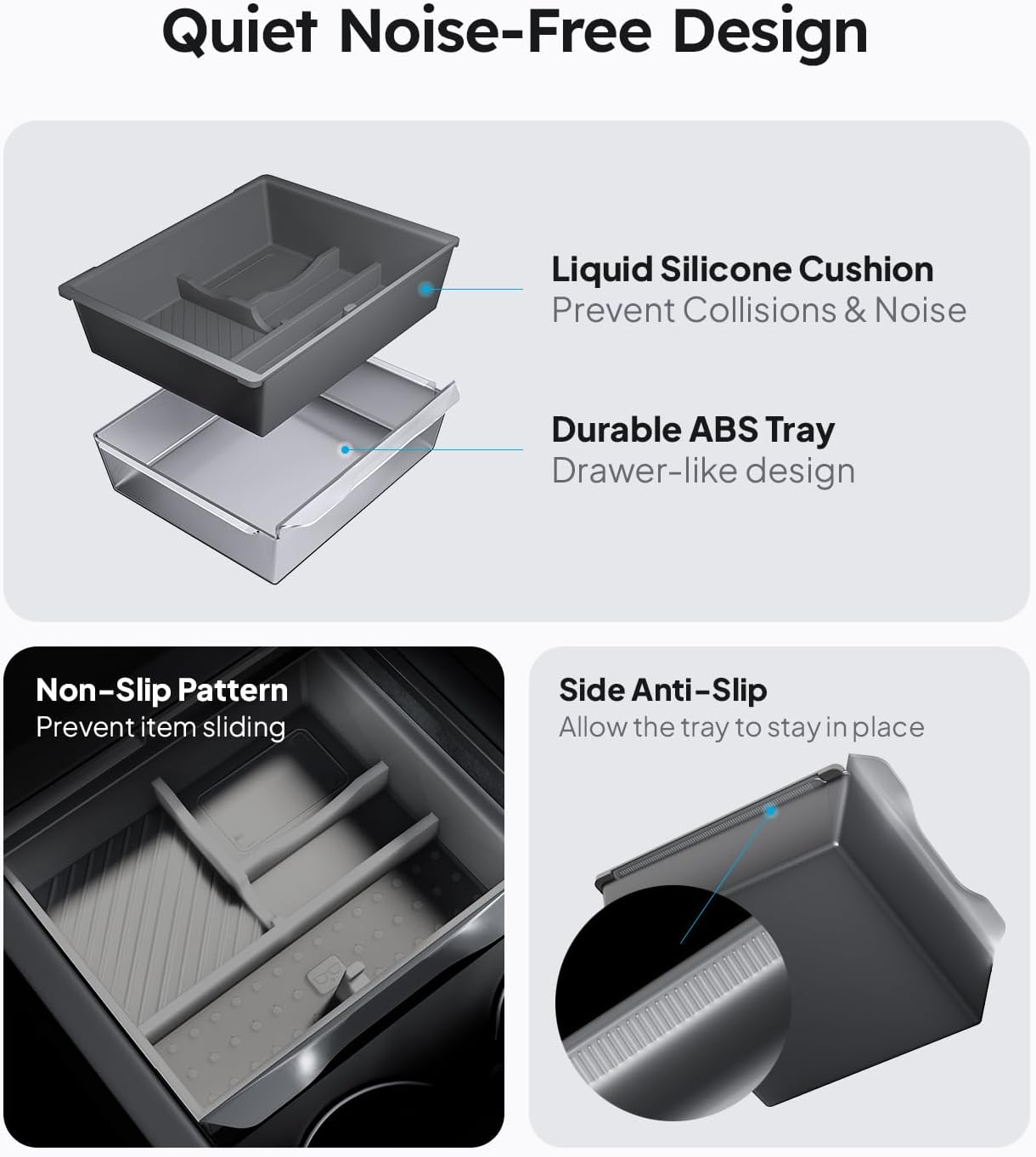 Wigoo Center Console Organizer for Tesla Model Y Juniper (Only Premium & Performance 2025 2026) and All Model 3 Highland Accessories [Double-Layer Storage, Smooth Sliding] 4PCS Gray