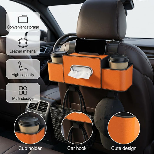 3-in-1 Backseat Car Organizer with Dual Cup Holders,Tissue Box & Phone Holder, 2026 Upgraded Car Seat Back Storage Box,Multifunctional Waterproof Storage for Daily Driving & Travel,Brown