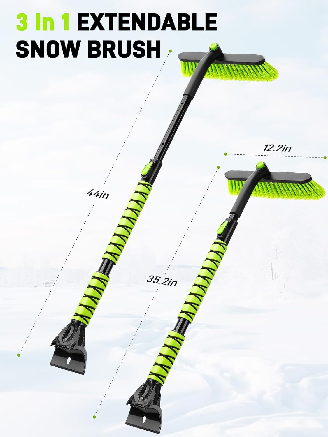 44" Snow Brush and Ice Scraper for Car Windshield, Extendable Snow Brush 360° Rotating Snow Removal Tool with Comfortable Foam Grip for Truck Vehicle Automobile Car (Green)