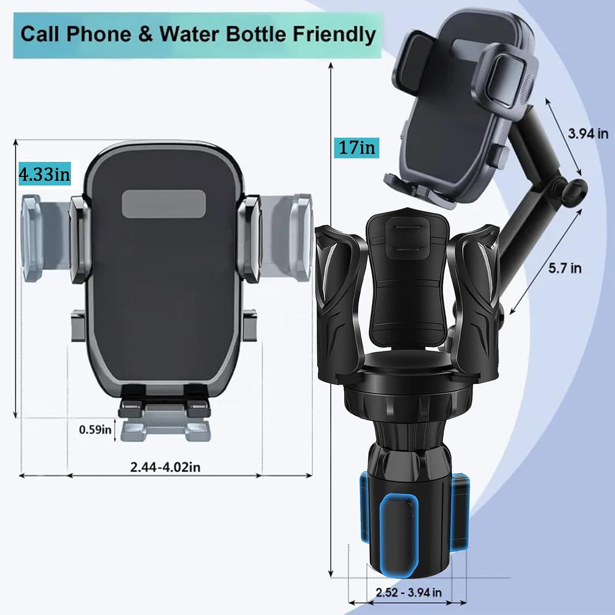 3-in-1 Car Cup Holder Expander with Adjustable Phone Mount – Universal Spill-Proof Bottle Holder & 360° Rotating Phone Stand for Large Drinks and Smartphones up to 4.1 Inches