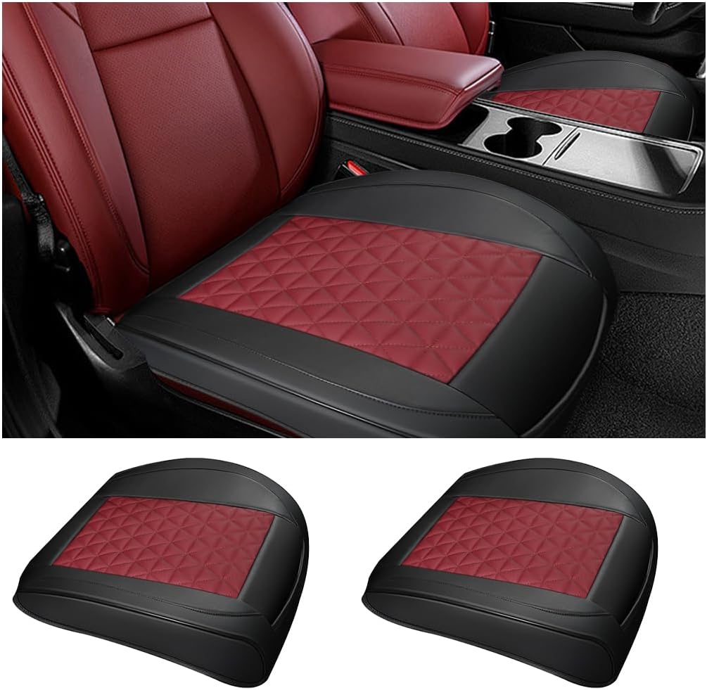 2PCS Leather Car Seat Cover, Front Bottom Seat Protector Pad, Red