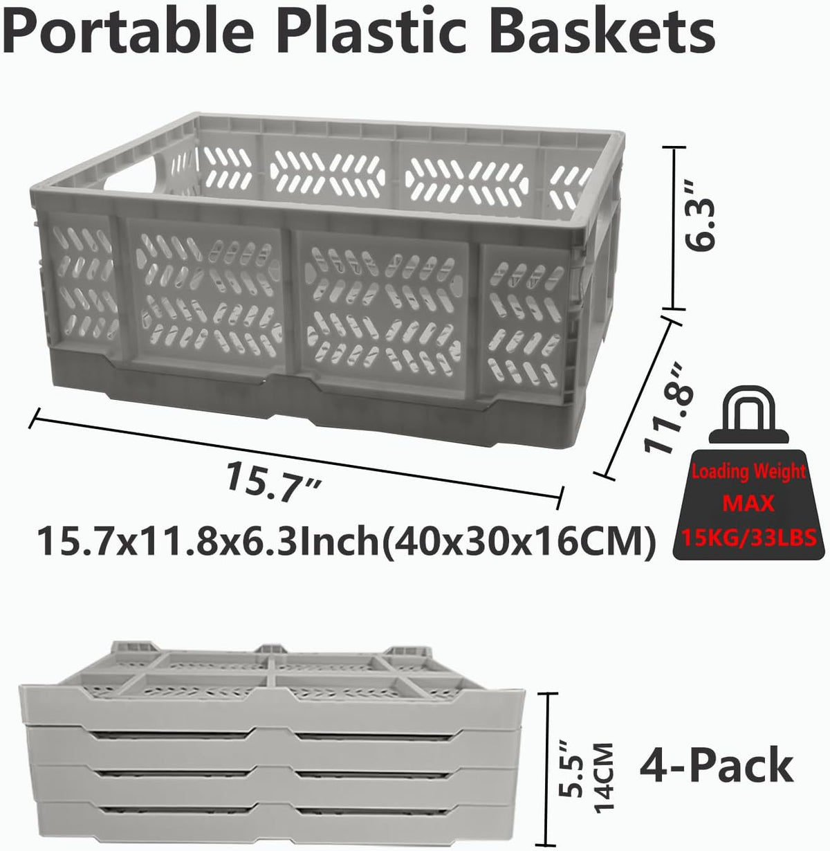 20L Folding Crate, 4Pack Plastic Storage Baskets Organizer for Home and Office,Collapsible Storage Crates for Home Office and Outdoor Organizer.(Grey)