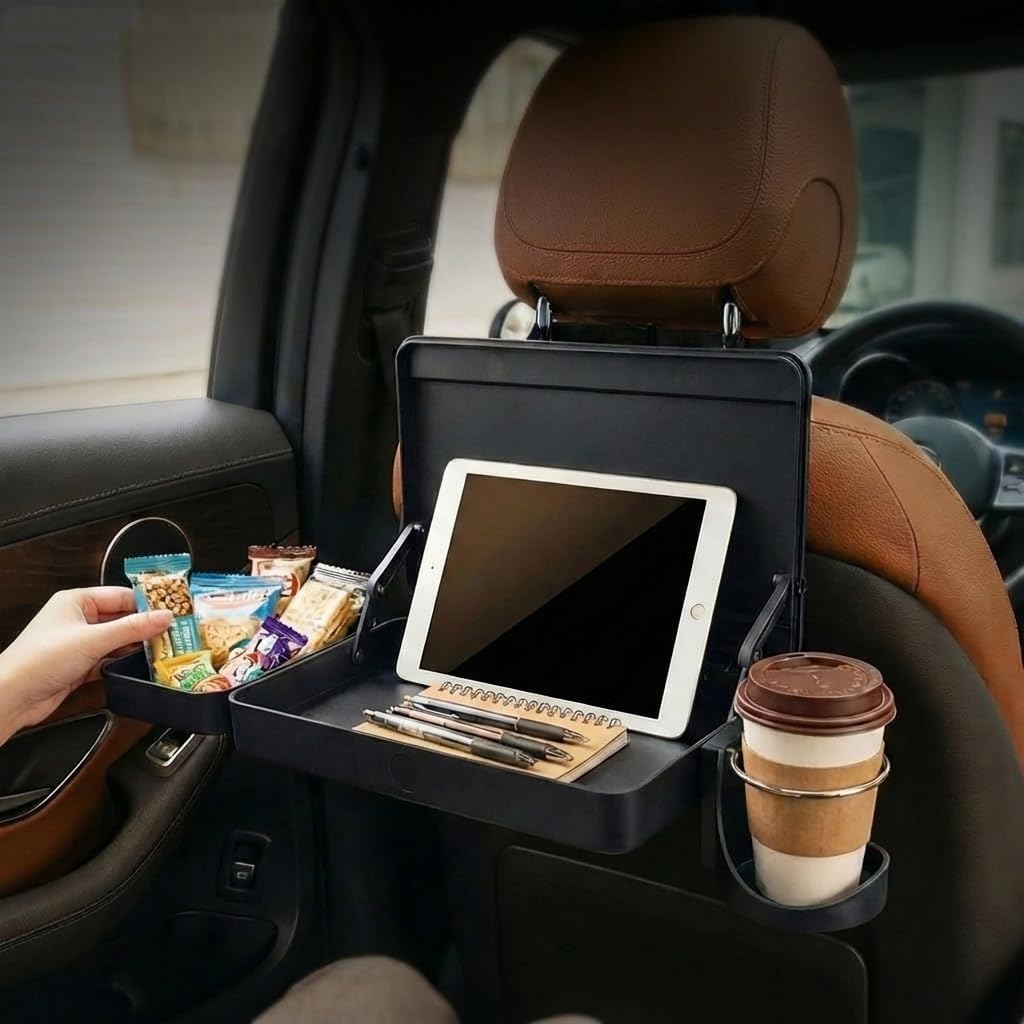 Car Back Seat Tray Table - Foldable & Adjustable Travel Desk for Eating, Working, Gaming | Sturdy Plastic Snack Lap Tray for Adults | Fits SUV, Sedan, Minivan (Folding Storage Box)
