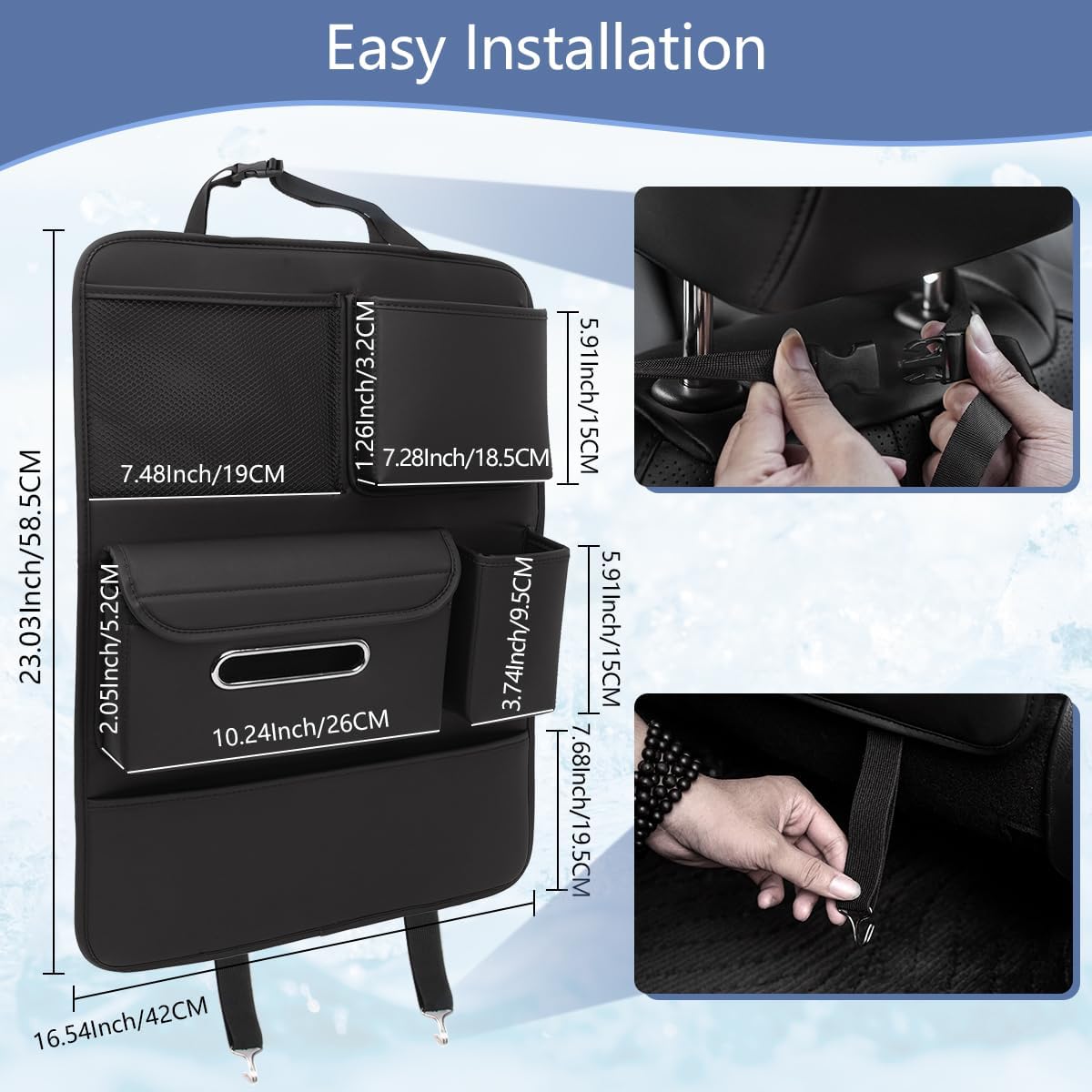 1pc Car Back Seat Organizer with Tissue Holder, 5 Storage Pockets, Kick Mat Back Seat Protector Cover for Kids, Road Trip Travel, Multifunctional Leather Auto Accessories -Black