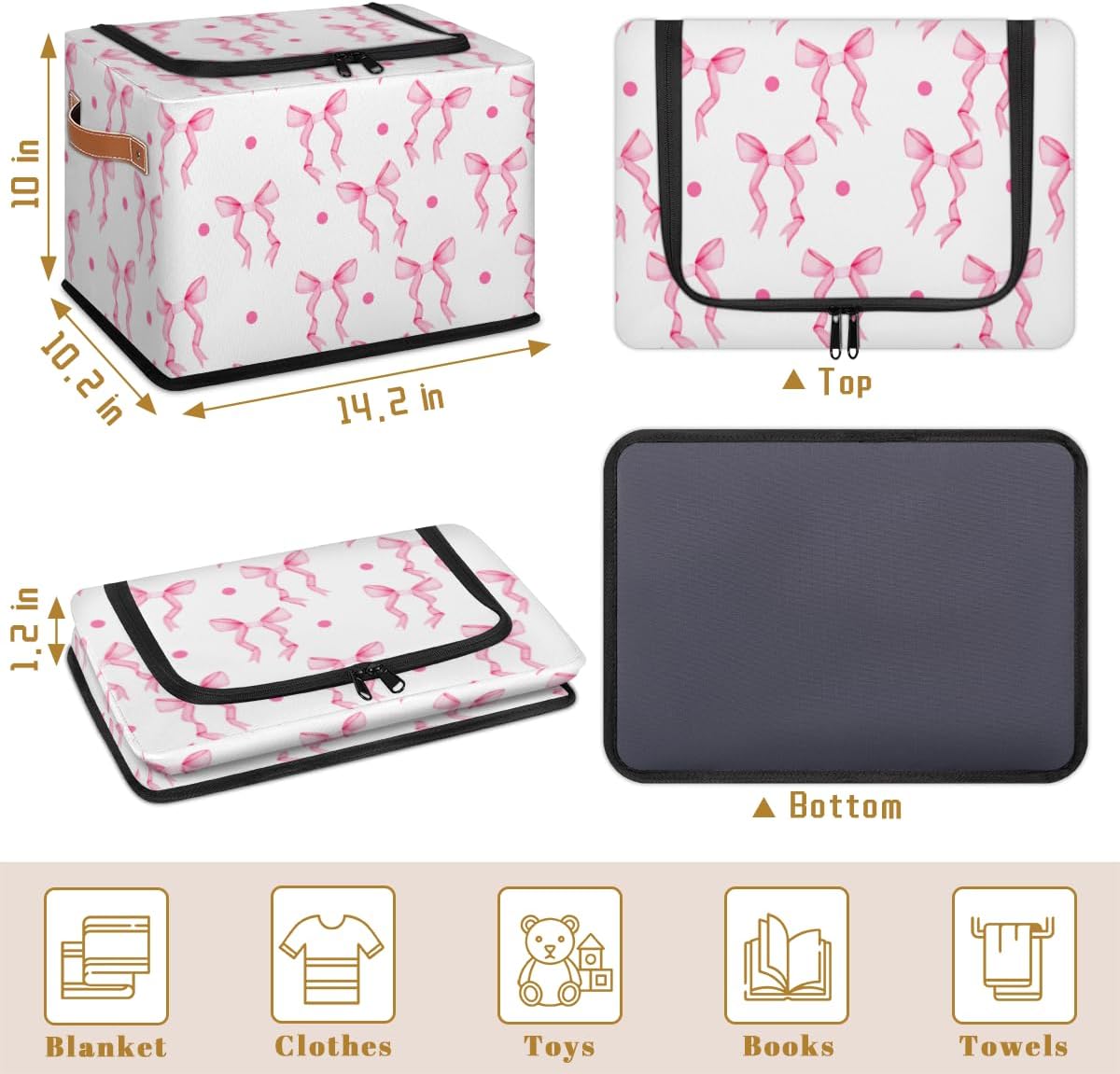 Storage Bins With Zipper Lid, Collapsible Trunk Organizer, Car Organizers and Storage Bins with Lids, Decorative Storage Boxes with Handle, Home Storage Baskets for Organizing (Pink Bow Ribbon)