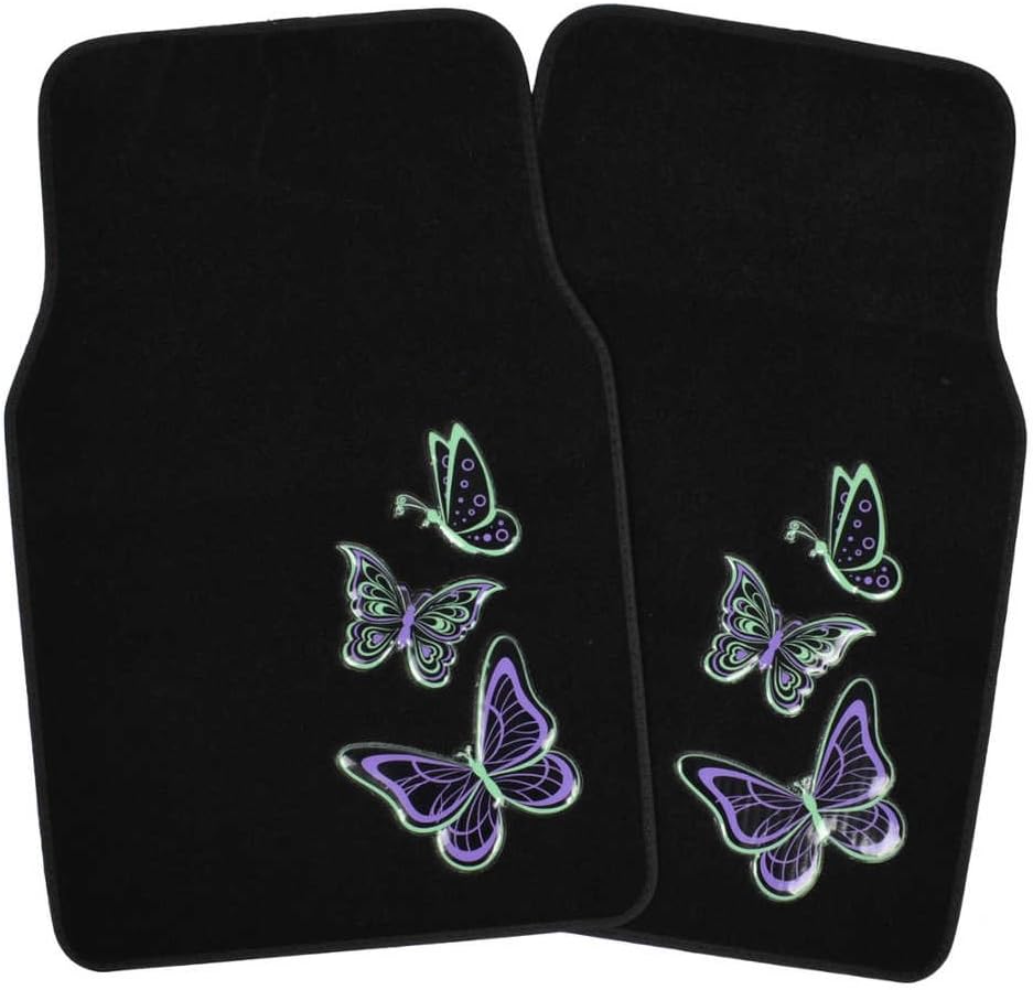 BDK Embossed Neon Purple & Green Butterflies Design Carpet Car Floor Mats for Auto Van Truck SUV-4 Pieces Front & Rear Full Set with Rubber Backing-Universal Fit