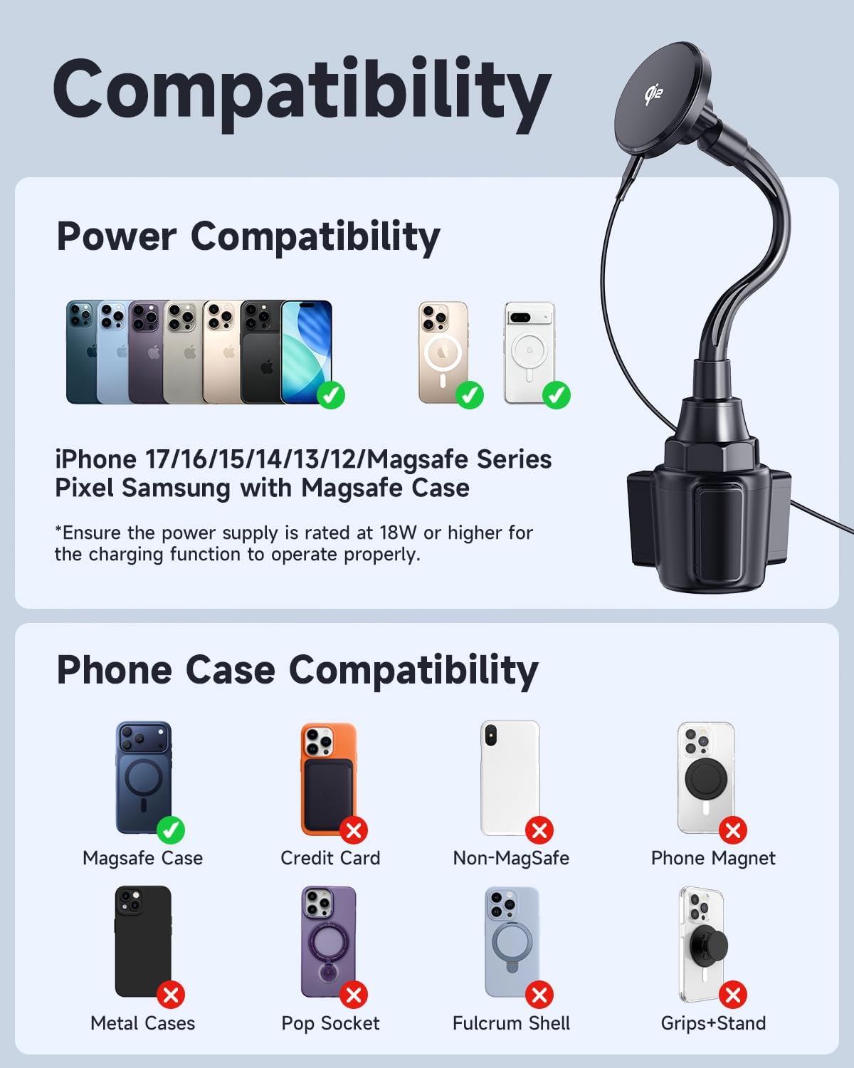 Upgraded Qi2 15W for Magnetic Cup Holder Charger, [More Stable & Faster Charging] Magnetic Car Mount Charger 15W Fast Charging with Adjustable Gooseneck for iPhone 17 Pro Max Air 16-12 Series