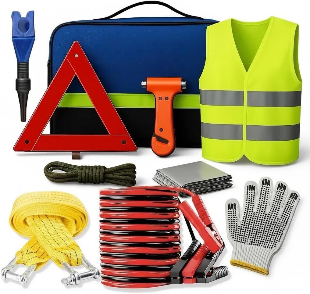Car Roadside Emergency Kit with Jumper Cables & Tow Rope