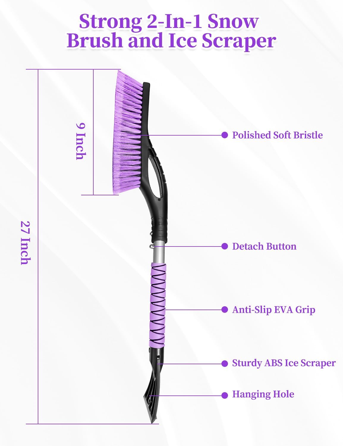 HEEYA 2 Pack 27 Inch Ice Scraper and Brush for Car, Snow Brush and Ice Scraper with Foam Grip, Detachable Snow Scraper for SUV Truck Vehicle Auto Windshield Window - Purple & Pink