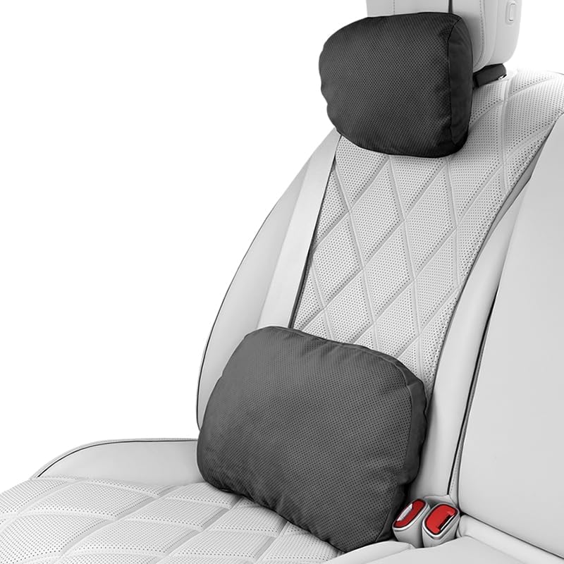 2-Piece Car Pillow Set - Neck & Lumbar Support Kit, 100% SUGENRO Sorona Bio-Fiber, Adjustable Strap for Pain Relief, Plush Comfort Headrest & Back Cushion, Relieves Driving Fatigue