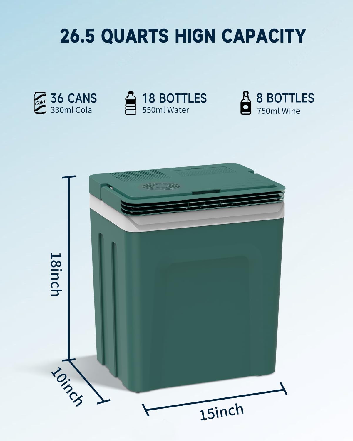 SubSun 27 Quart Electric Cooler and Warmer with Handle, Portable Thermoelectric Fridge, Car Fridge Cooler with 12V DC & 110 AC for Camping, Travel & Picnics, Green